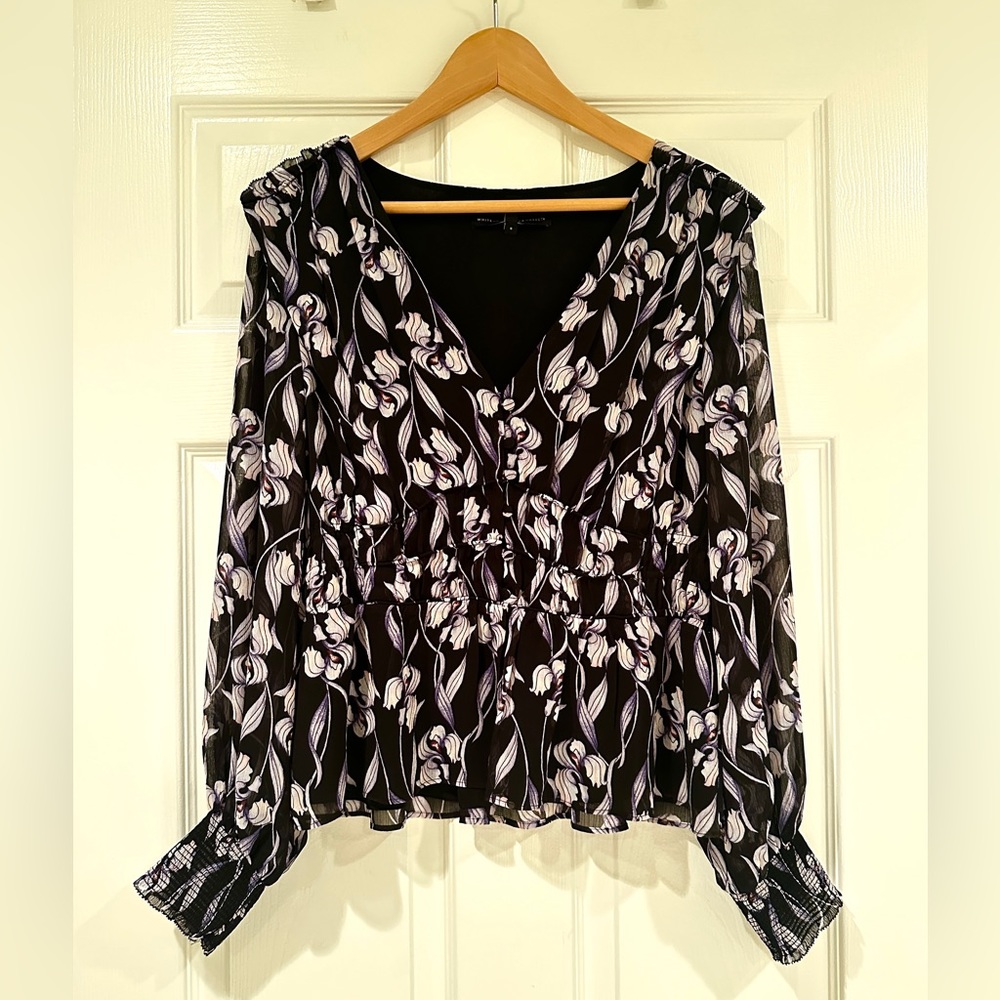 White House black market, purple floral print top size medium